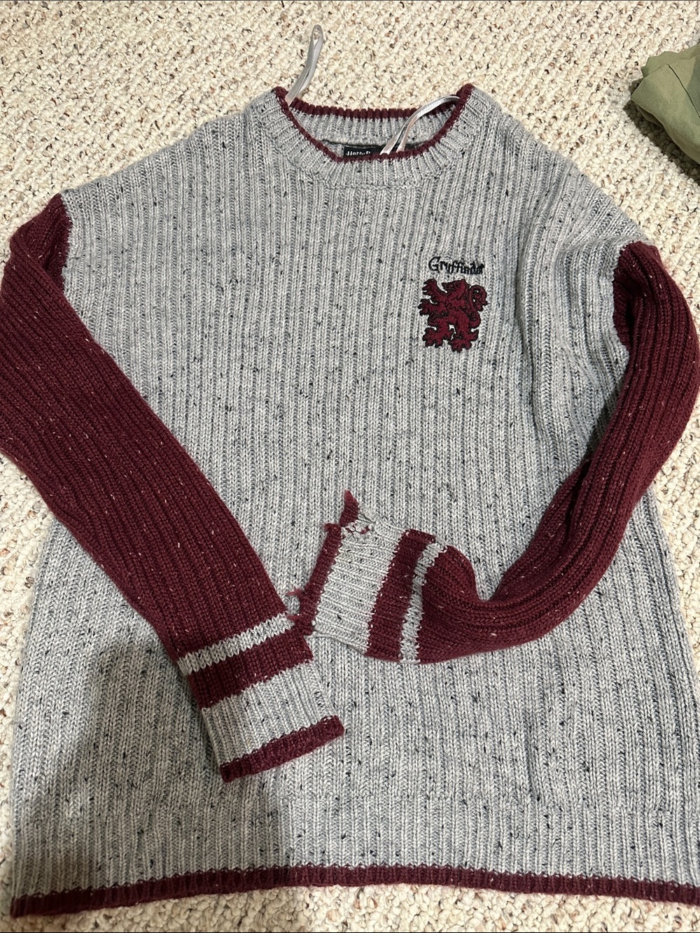 Warner Bros. Grey Knit Crewneck with Burgundy Sleeves